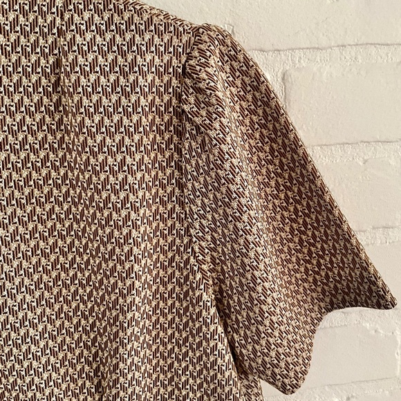 Vintage 1970s Handmade Button down Shirt Mod pleated short sleeve Cream Brown - Picture 6 of 10